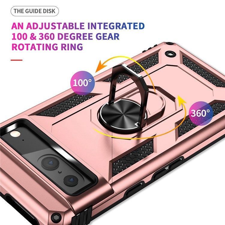 For Google Pixel 7 Military Grade Shockproof Anti-scratch Ring Kickstand PC + TPU Hybrid Phone Case Protector - Rose Gold