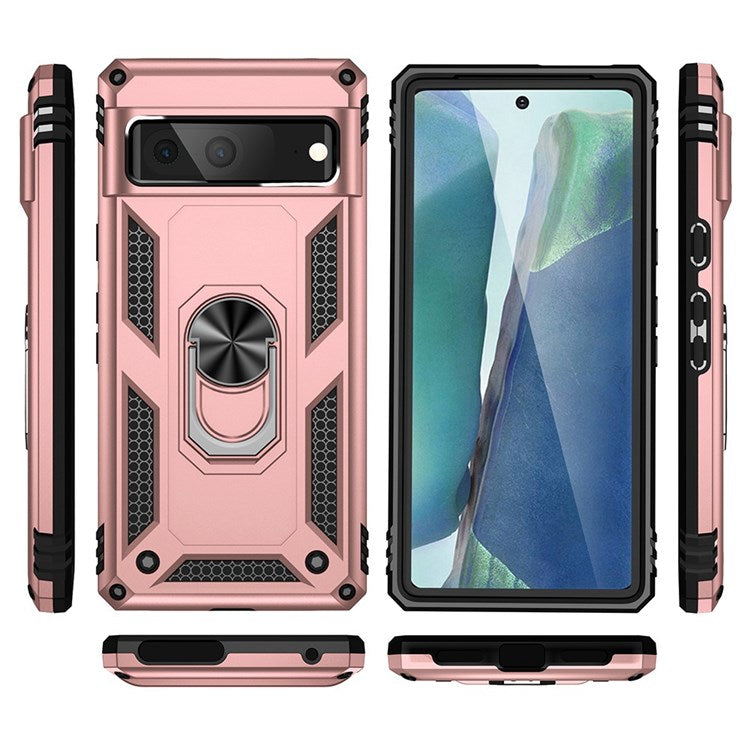 For Google Pixel 7 Military Grade Shockproof Anti-scratch Ring Kickstand PC + TPU Hybrid Phone Case Protector - Rose Gold