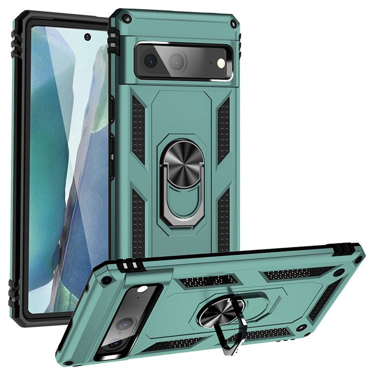 For Google Pixel 7 Military Grade Shockproof Anti-scratch Ring Kickstand PC + TPU Hybrid Phone Case Protector - Blackish Green