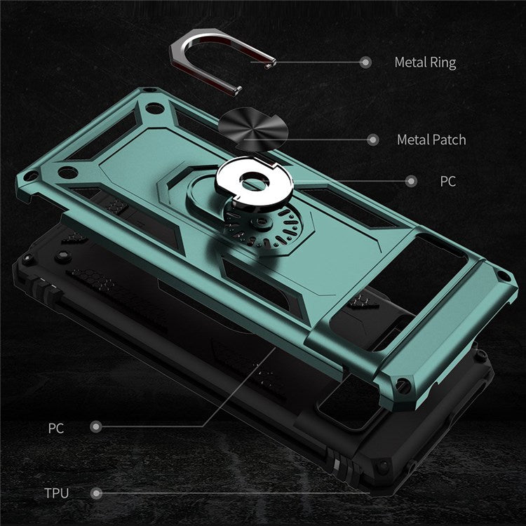 For Google Pixel 7 Military Grade Shockproof Anti-scratch Ring Kickstand PC + TPU Hybrid Phone Case Protector - Blackish Green