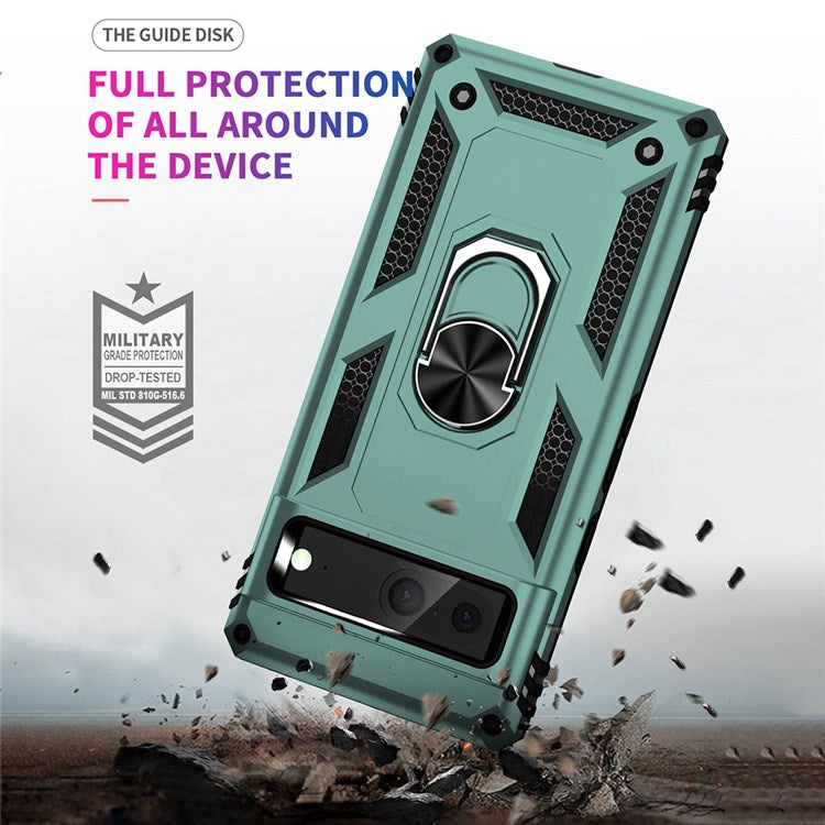 For Google Pixel 7 Military Grade Shockproof Anti-scratch Ring Kickstand PC + TPU Hybrid Phone Case Protector - Blackish Green