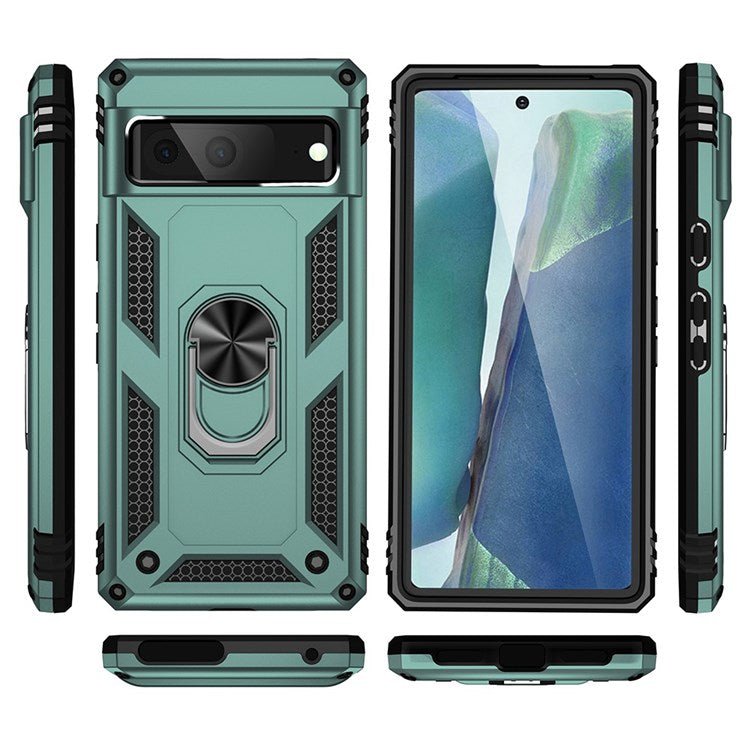 For Google Pixel 7 Military Grade Shockproof Anti-scratch Ring Kickstand PC + TPU Hybrid Phone Case Protector - Blackish Green