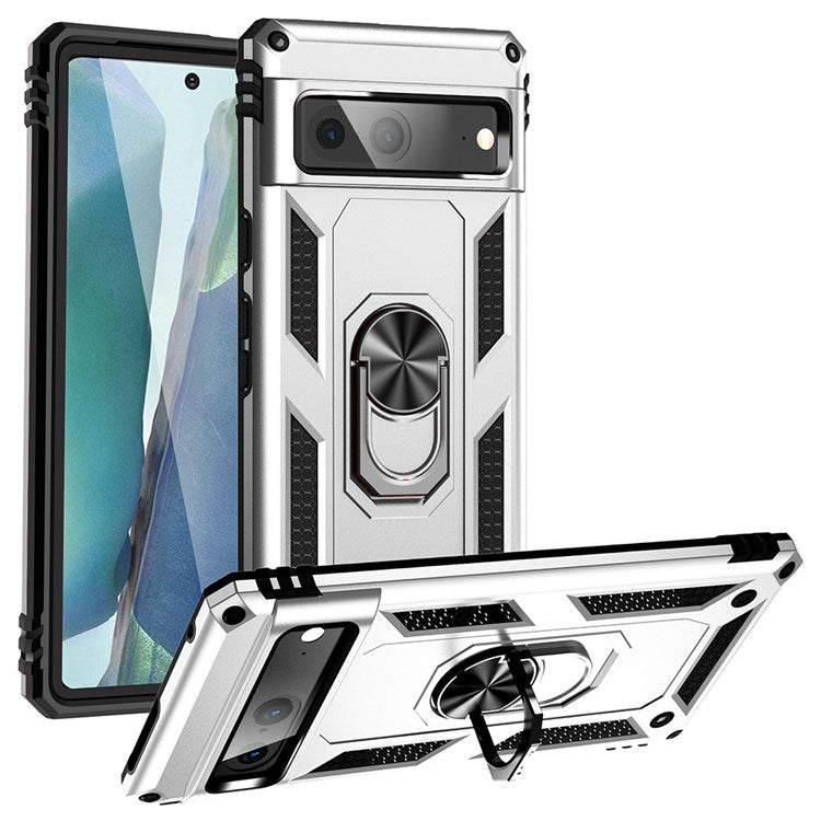 For Google Pixel 7 Military Grade Shockproof Anti-scratch Ring Kickstand PC + TPU Hybrid Phone Case Protector - Silver