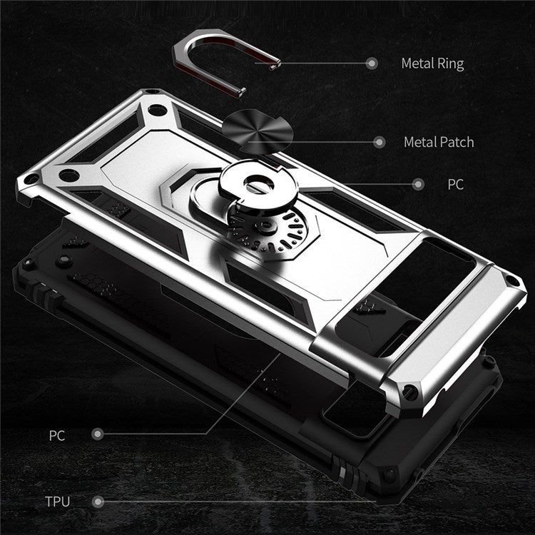 For Google Pixel 7 Military Grade Shockproof Anti-scratch Ring Kickstand PC + TPU Hybrid Phone Case Protector - Silver