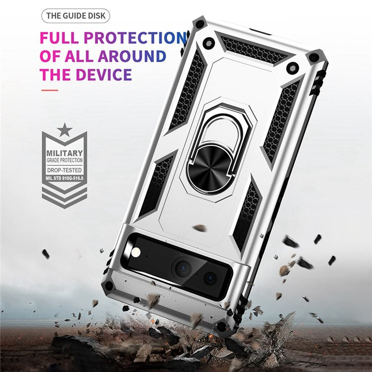 For Google Pixel 7 Military Grade Shockproof Anti-scratch Ring Kickstand PC + TPU Hybrid Phone Case Protector - Silver