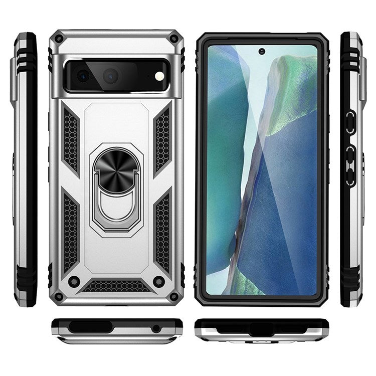 For Google Pixel 7 Military Grade Shockproof Anti-scratch Ring Kickstand PC + TPU Hybrid Phone Case Protector - Silver