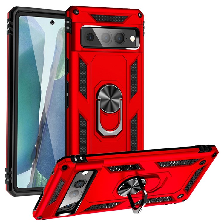 For Google Pixel 7 Pro 5G Phone Case, Bump Proof Hard PC Soft TPU Protective Cover Kickstand - Red