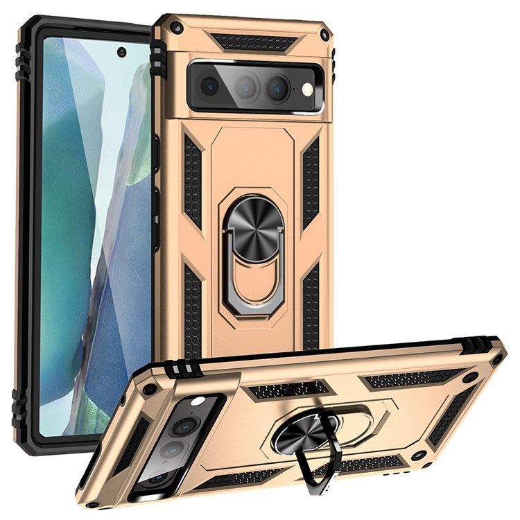 For Google Pixel 7 Pro 5G Phone Case, Bump Proof Hard PC Soft TPU Protective Cover Kickstand - Gold