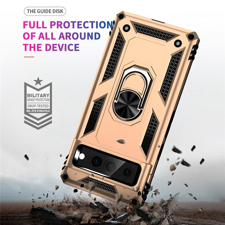 For Google Pixel 7 Pro 5G Phone Case, Bump Proof Hard PC Soft TPU Protective Cover Kickstand - Gold