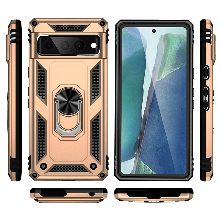 For Google Pixel 7 Pro 5G Phone Case, Bump Proof Hard PC Soft TPU Protective Cover Kickstand - Gold