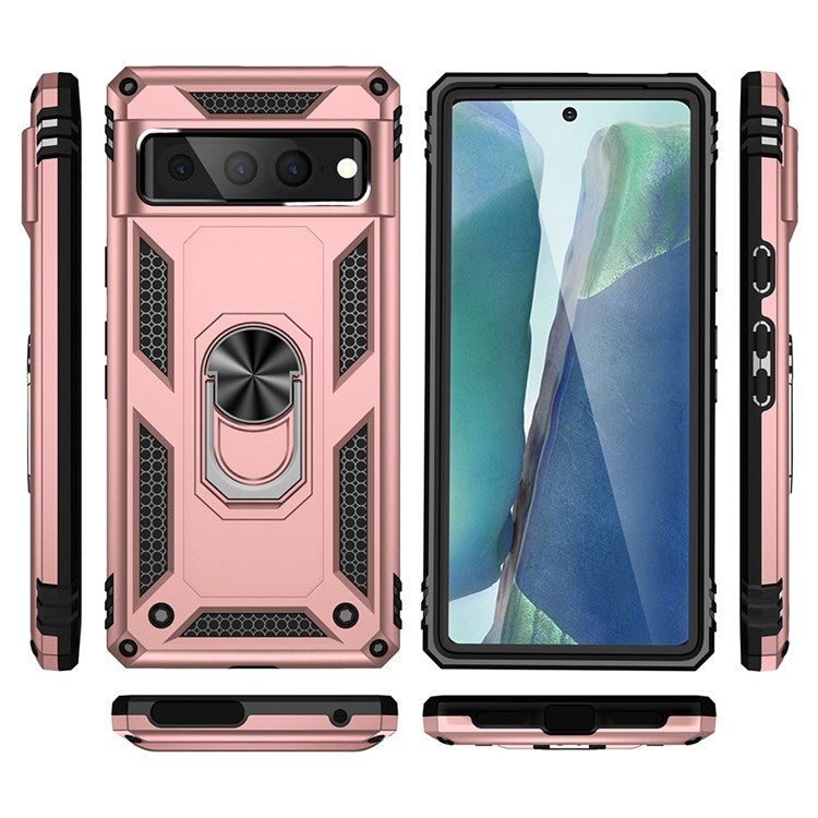 For Google Pixel 7 Pro 5G Phone Case, Bump Proof Hard PC Soft TPU Protective Cover Kickstand - Rose Gold