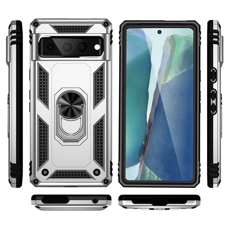 For Google Pixel 7 Pro 5G Phone Case, Bump Proof Hard PC Soft TPU Protective Cover Kickstand - Silver