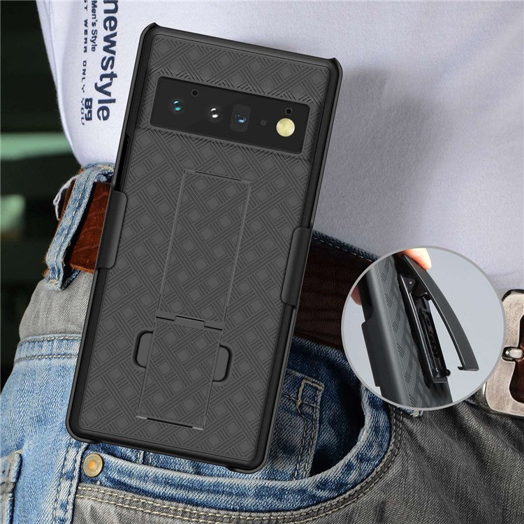 For Google Pixel 6 Pro Screen Sliding Cover Woven Texture PC + TPU Phone Case with Rotary Clip Kickstand