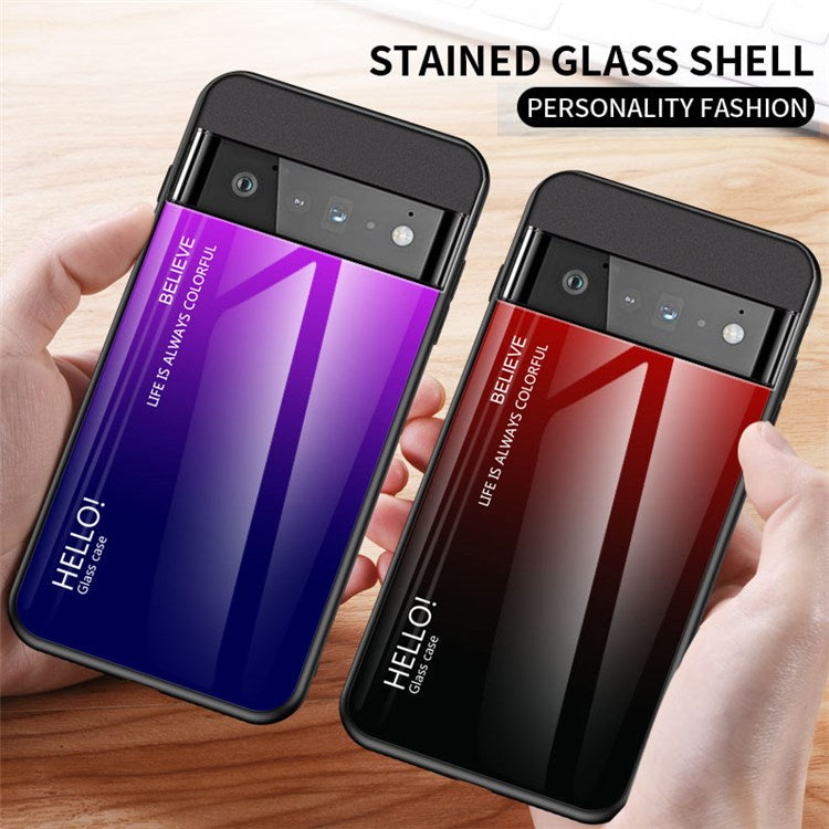 For Google Pixel 7 Pro 5G Gradient Tempered Glass Case Hard PC Soft TPU Scratch-Resistant Back Cover - Gradient Pink Purple