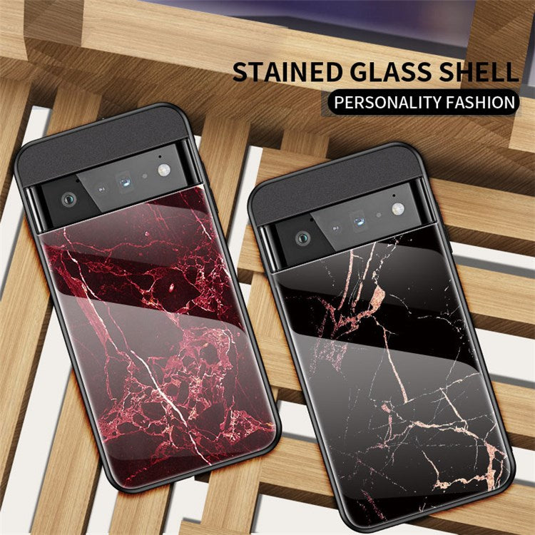 For Google Pixel 7 Pro 5G Marble Pattern Protective Phone Case Tempered Glass + PC + TPU Shockproof Shell - Blood Red Marble