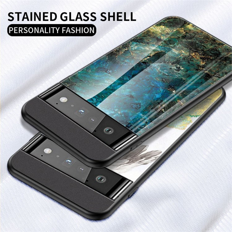 For Google Pixel 7 Pro 5G Marble Pattern Protective Phone Case Tempered Glass + PC + TPU Shockproof Shell - Gold Black Marble