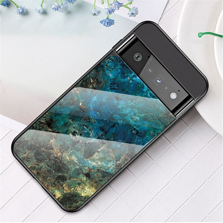 For Google Pixel 7 Mobile Phone Case Marble Pattern Tempered Glass + PC + TPU Anti-scratch Cellphone Cover - Emerald Marble