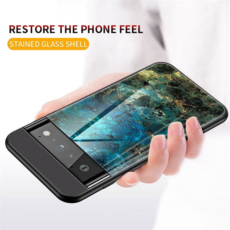 For Google Pixel 7 Mobile Phone Case Marble Pattern Tempered Glass + PC + TPU Anti-scratch Cellphone Cover - Emerald Marble