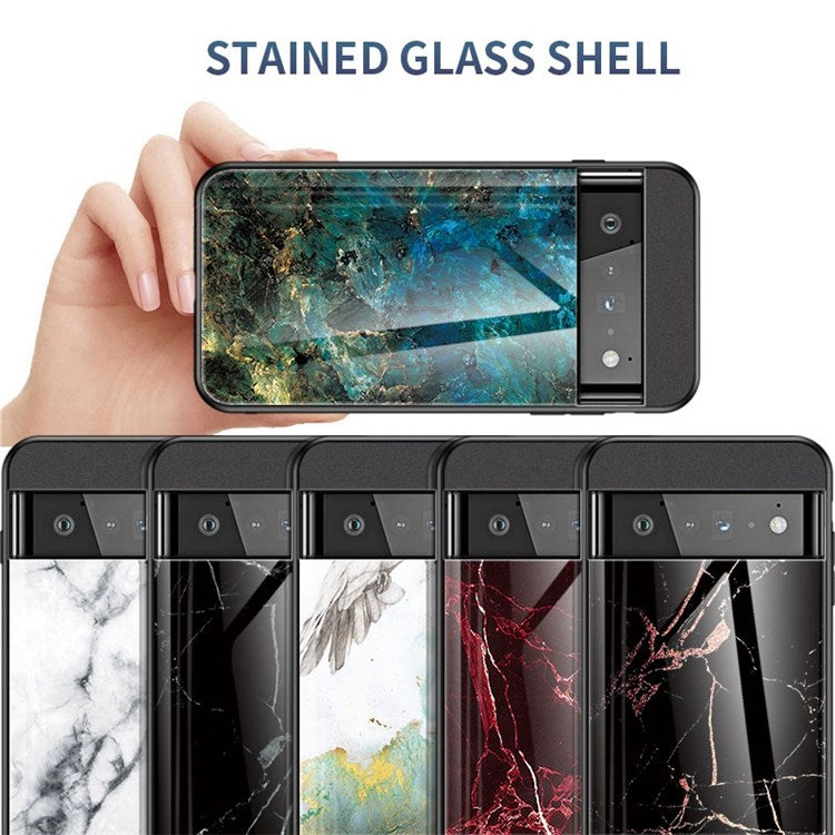 For Google Pixel 7 Mobile Phone Case Marble Pattern Tempered Glass + PC + TPU Anti-scratch Cellphone Cover - Emerald Marble