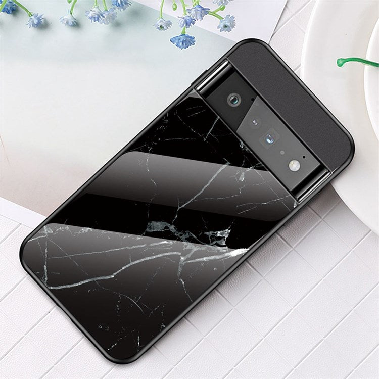 For Google Pixel 7 Mobile Phone Case Marble Pattern Tempered Glass + PC + TPU Anti-scratch Cellphone Cover - Black Marble