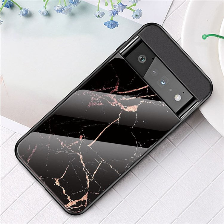 For Google Pixel 7 Mobile Phone Case Marble Pattern Tempered Glass + PC + TPU Anti-scratch Cellphone Cover - Gold Black Marble