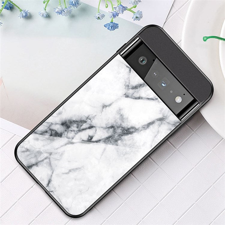 For Google Pixel 7 Mobile Phone Case Marble Pattern Tempered Glass + PC + TPU Anti-scratch Cellphone Cover - White Marble