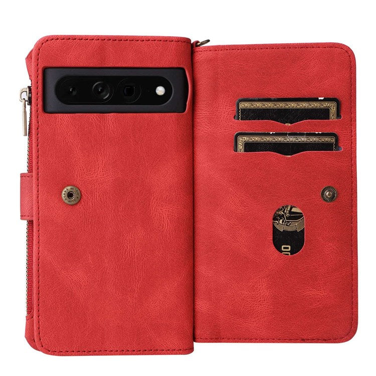 For Google Pixel 7 Pro 5G KT Multi-Functional Series-2 Wallet Case Skin-touch Leather Stand Phone Cover with Wrist Strap - Red