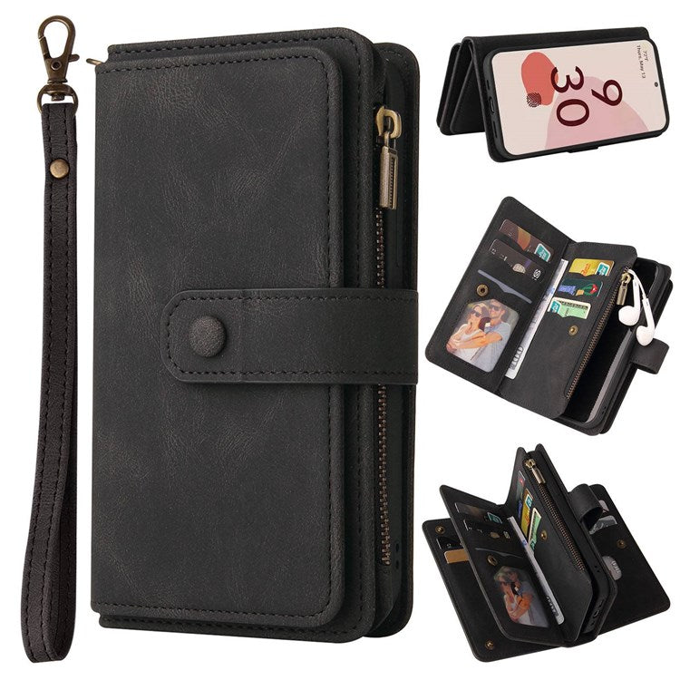 For Google Pixel 7 Pro 5G KT Multi-Functional Series-2 Wallet Case Skin-touch Leather Stand Phone Cover with Wrist Strap - Black