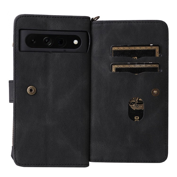 For Google Pixel 7 Pro 5G KT Multi-Functional Series-2 Wallet Case Skin-touch Leather Stand Phone Cover with Wrist Strap - Black