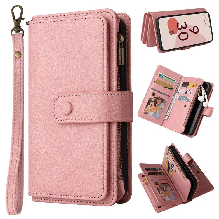 For Google Pixel 7 Pro 5G KT Multi-Functional Series-2 Wallet Case Skin-touch Leather Stand Phone Cover with Wrist Strap - Pink