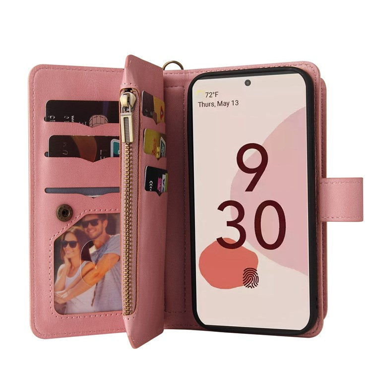 For Google Pixel 7 Pro 5G KT Multi-Functional Series-2 Wallet Case Skin-touch Leather Stand Phone Cover with Wrist Strap - Pink