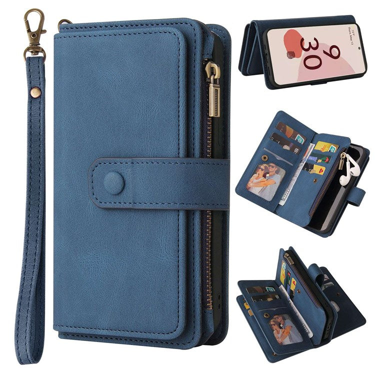 For Google Pixel 7 Pro 5G KT Multi-Functional Series-2 Wallet Case Skin-touch Leather Stand Phone Cover with Wrist Strap - Blue