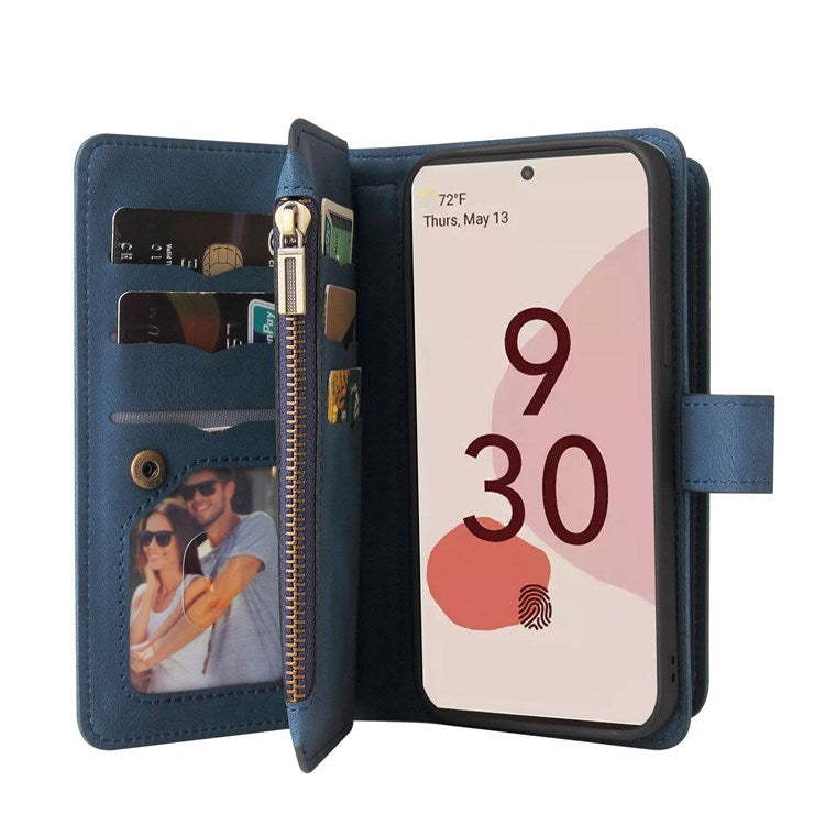 For Google Pixel 7 Pro 5G KT Multi-Functional Series-2 Wallet Case Skin-touch Leather Stand Phone Cover with Wrist Strap - Blue