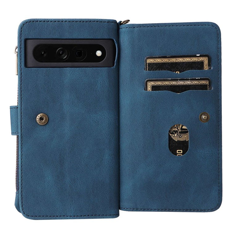 For Google Pixel 7 Pro 5G KT Multi-Functional Series-2 Wallet Case Skin-touch Leather Stand Phone Cover with Wrist Strap - Blue