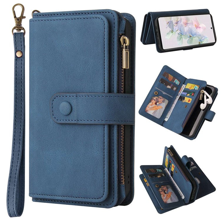 For Google Pixel 7 KT Multi-Functional Series-2 15-Card Design Smooth PU Leather Zippered Pocket Phone Case with Wallet Stand Wrist Strap Buckle Closure - Blue