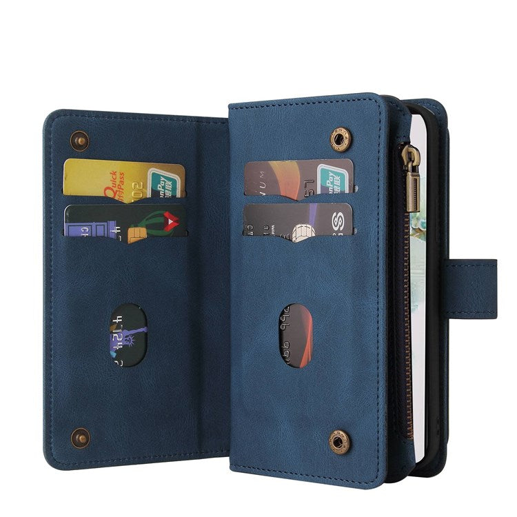 For Google Pixel 7 KT Multi-Functional Series-2 15-Card Design Smooth PU Leather Zippered Pocket Phone Case with Wallet Stand Wrist Strap Buckle Closure - Blue