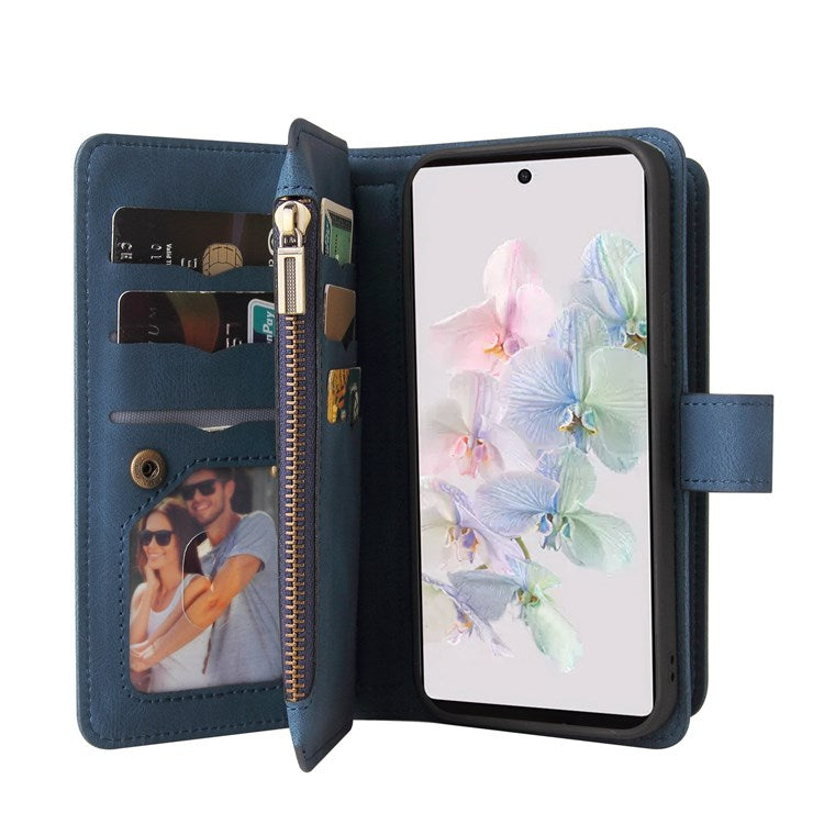 For Google Pixel 7 KT Multi-Functional Series-2 15-Card Design Smooth PU Leather Zippered Pocket Phone Case with Wallet Stand Wrist Strap Buckle Closure - Blue