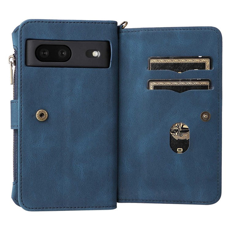 For Google Pixel 7 KT Multi-Functional Series-2 15-Card Design Smooth PU Leather Zippered Pocket Phone Case with Wallet Stand Wrist Strap Buckle Closure - Blue