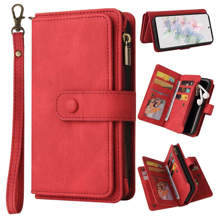 For Google Pixel 7 KT Multi-Functional Series-2 15-Card Design Smooth PU Leather Zippered Pocket Phone Case with Wallet Stand Wrist Strap Buckle Closure - Red