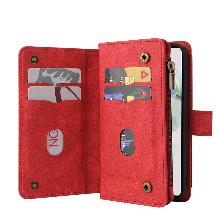 For Google Pixel 7 KT Multi-Functional Series-2 15-Card Design Smooth PU Leather Zippered Pocket Phone Case with Wallet Stand Wrist Strap Buckle Closure - Red