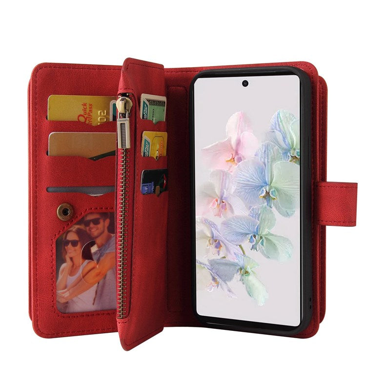 For Google Pixel 7 KT Multi-Functional Series-2 15-Card Design Smooth PU Leather Zippered Pocket Phone Case with Wallet Stand Wrist Strap Buckle Closure - Red