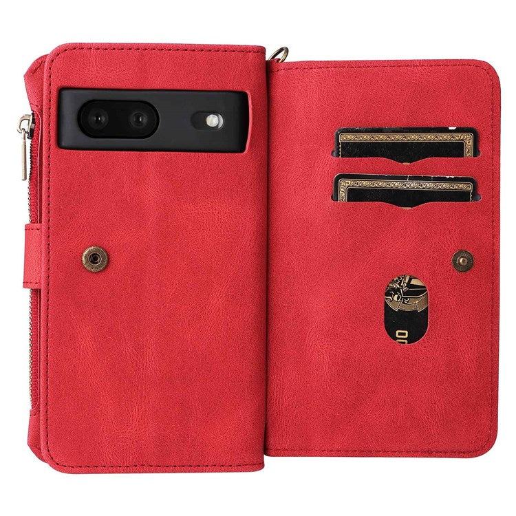 For Google Pixel 7 KT Multi-Functional Series-2 15-Card Design Smooth PU Leather Zippered Pocket Phone Case with Wallet Stand Wrist Strap Buckle Closure - Red