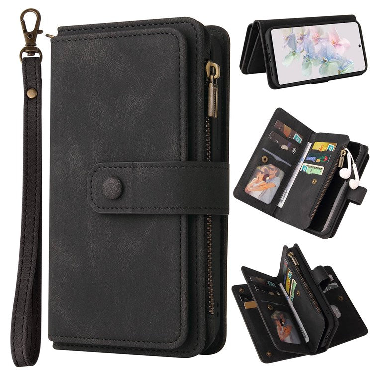 For Google Pixel 7 KT Multi-Functional Series-2 15-Card Design Smooth PU Leather Zippered Pocket Phone Case with Wallet Stand Wrist Strap Buckle Closure - Black