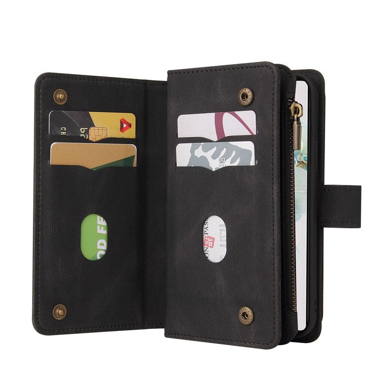 For Google Pixel 7 KT Multi-Functional Series-2 15-Card Design Smooth PU Leather Zippered Pocket Phone Case with Wallet Stand Wrist Strap Buckle Closure - Black