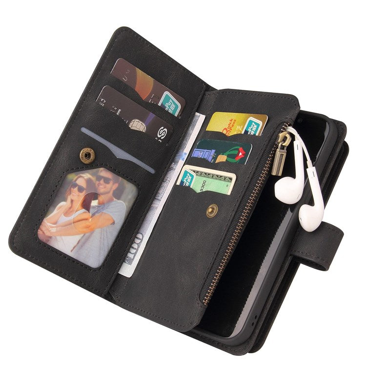 For Google Pixel 7 KT Multi-Functional Series-2 15-Card Design Smooth PU Leather Zippered Pocket Phone Case with Wallet Stand Wrist Strap Buckle Closure - Black