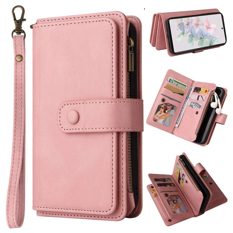 For Google Pixel 7 KT Multi-Functional Series-2 15-Card Design Smooth PU Leather Zippered Pocket Phone Case with Wallet Stand Wrist Strap Buckle Closure - Pink