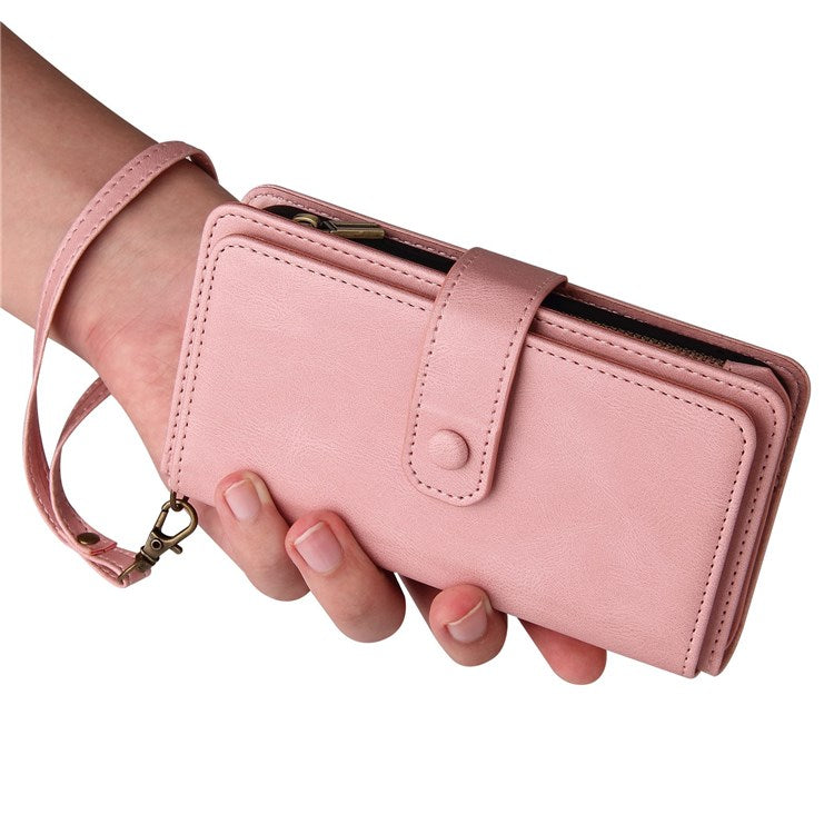 For Google Pixel 7 KT Multi-Functional Series-2 15-Card Design Smooth PU Leather Zippered Pocket Phone Case with Wallet Stand Wrist Strap Buckle Closure - Pink