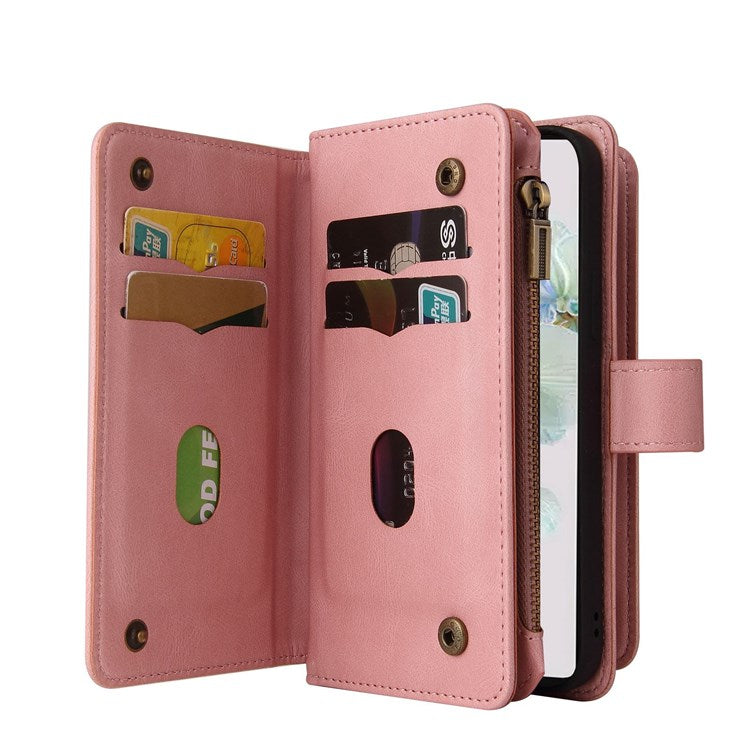 For Google Pixel 7 KT Multi-Functional Series-2 15-Card Design Smooth PU Leather Zippered Pocket Phone Case with Wallet Stand Wrist Strap Buckle Closure - Pink