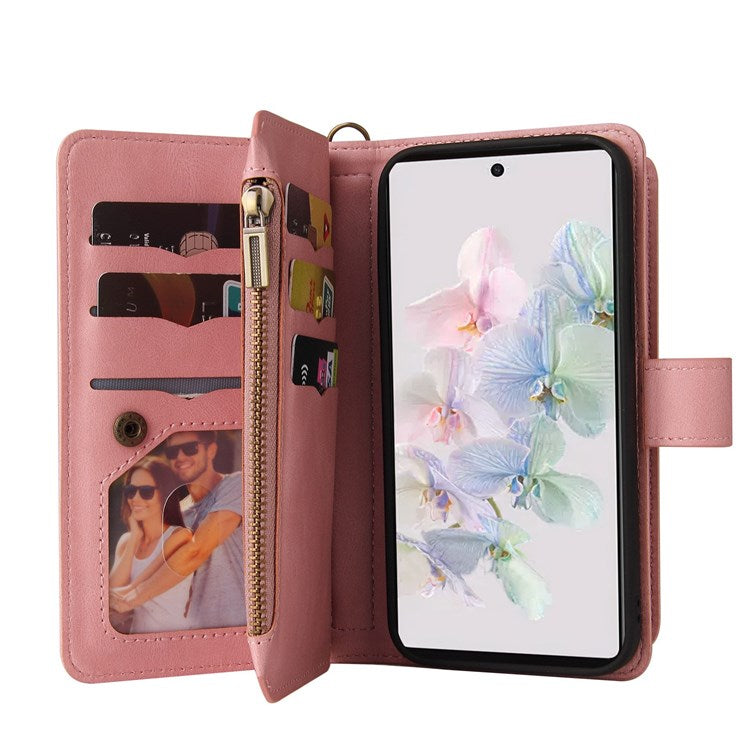 For Google Pixel 7 KT Multi-Functional Series-2 15-Card Design Smooth PU Leather Zippered Pocket Phone Case with Wallet Stand Wrist Strap Buckle Closure - Pink