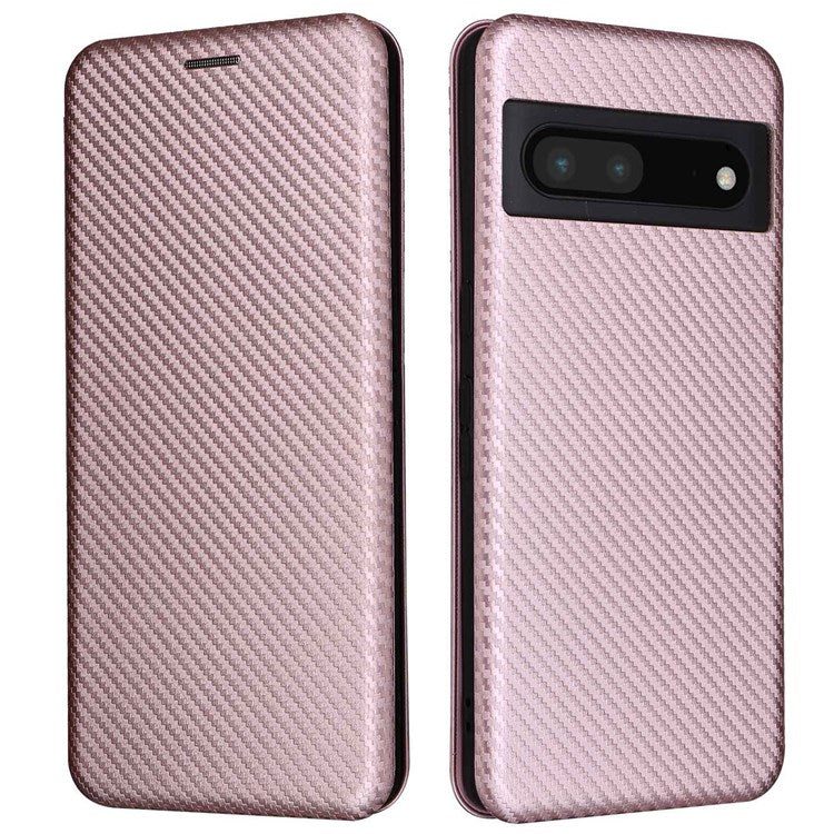 For Google Pixel 7 Pro 5G PU Leather Carbon Fiber Texture Cover Card Holder Stand Smartphone Protector - Rose Gold